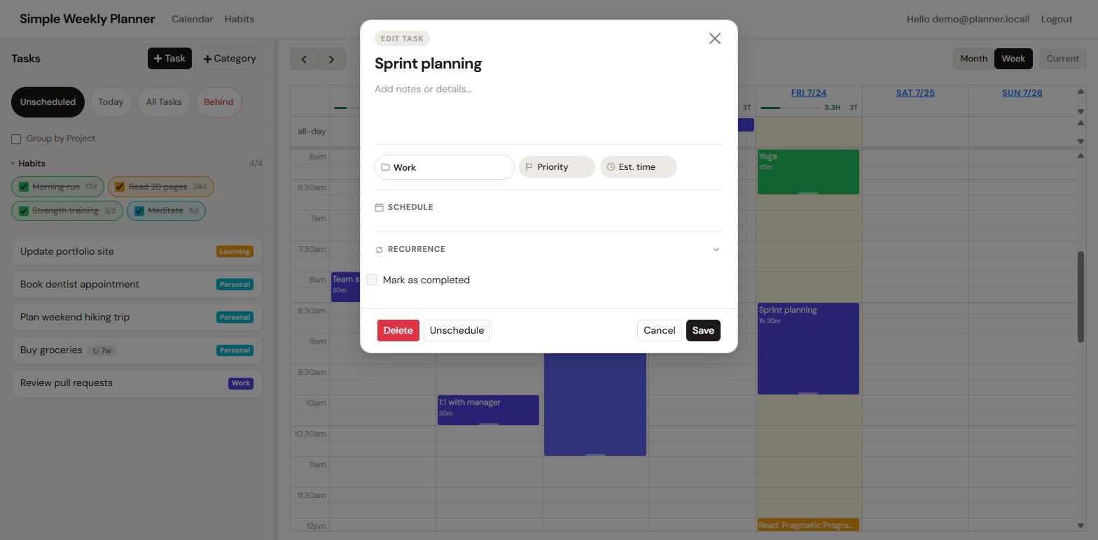 The task editor showing title, notes, category, schedule, recurrence, a mark-as-completed toggle, and delete options.
